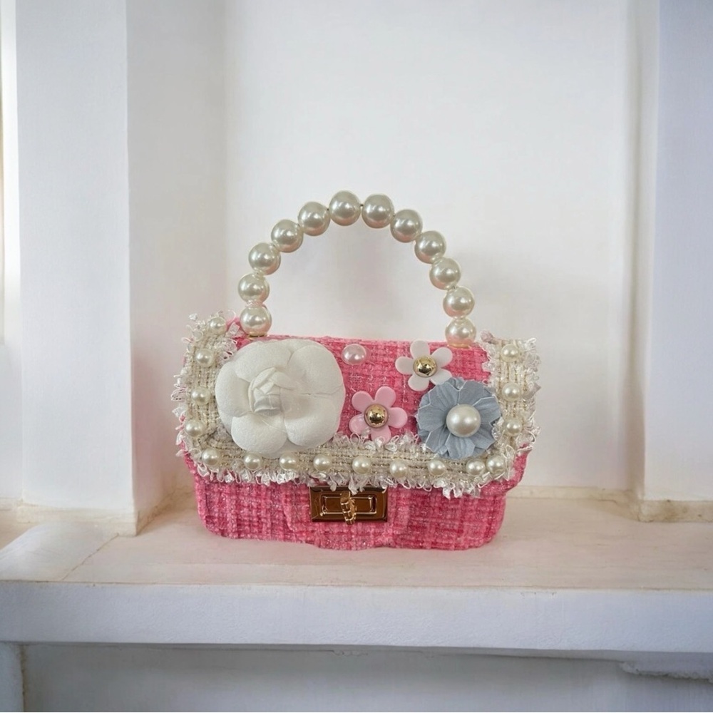 Mini Tweed Handbag Girls Designer Inspired Tote Pearls Floral Crossbody Bag Pink